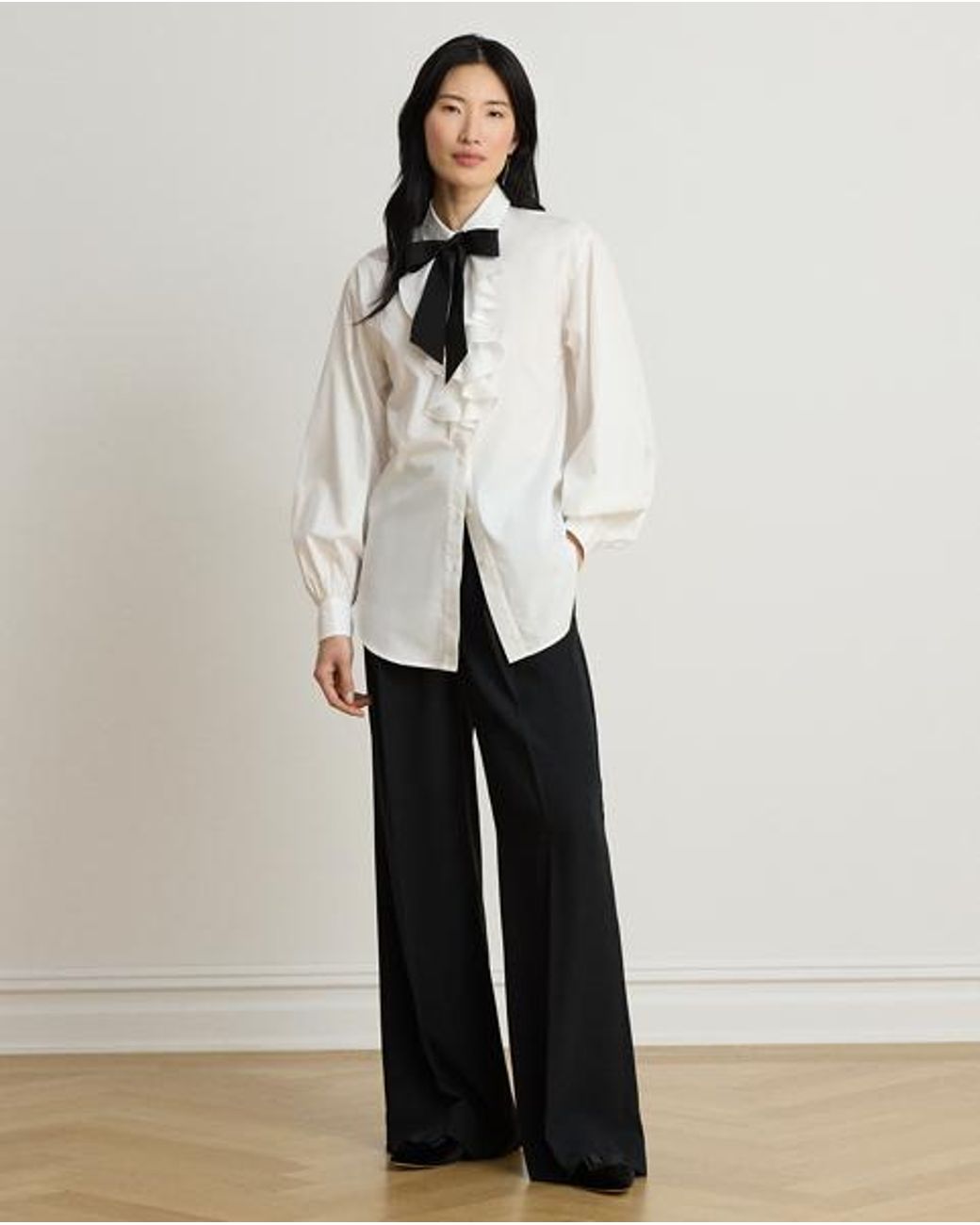 Ralph Lauren Gray Ruffle-Trim Broadcloth Tie-Neck Shirt
