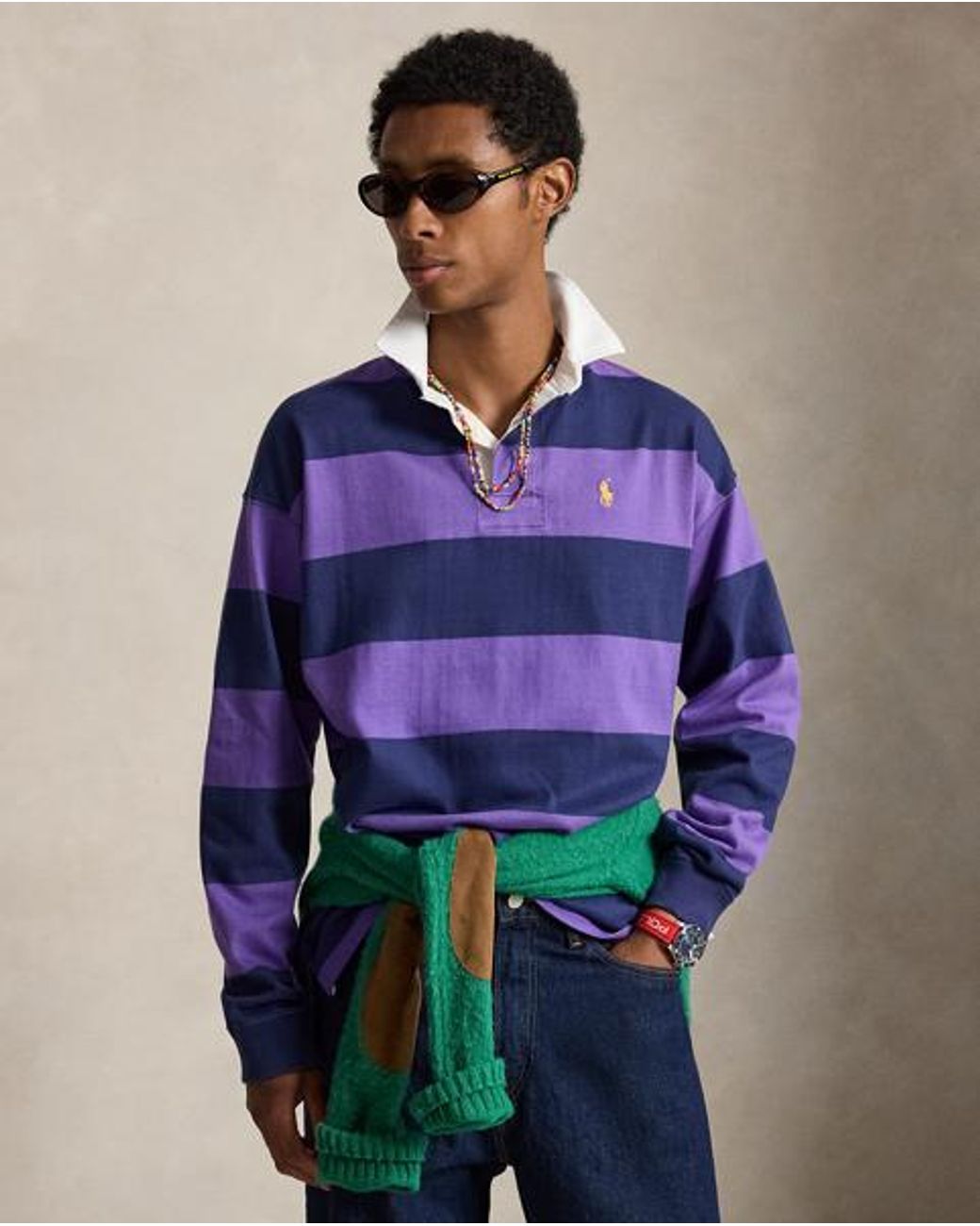 Ralph Lauren Green Big Fit Striped Jersey Rugby Shirt for men