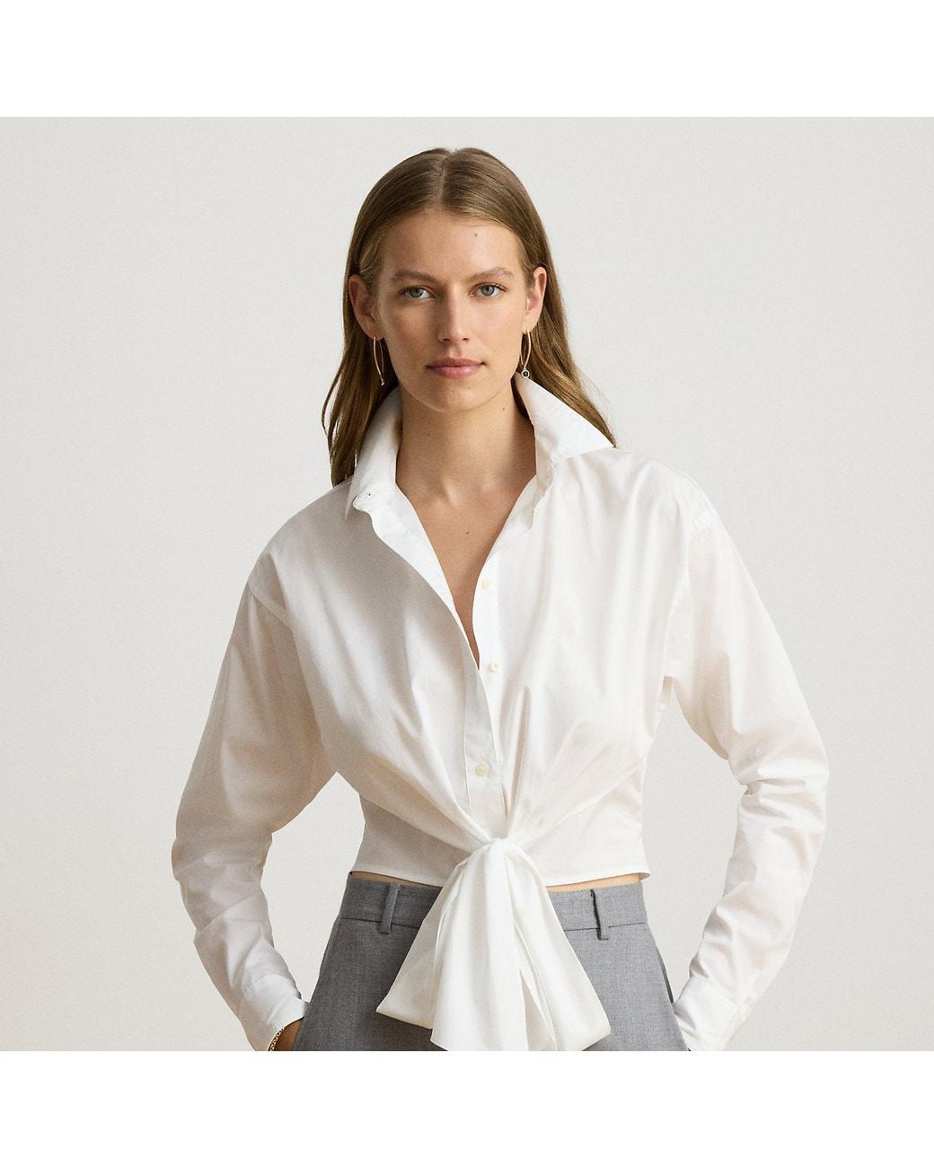 Ralph Lauren White Tie-Front Broadcloth Cropped Shirt