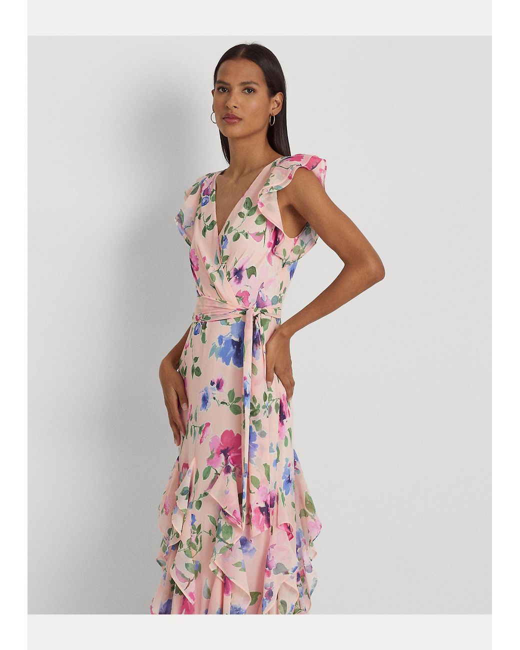 Ralph Lauren Floral Ruffle-trim Georgette Gown in Pink | Lyst UK