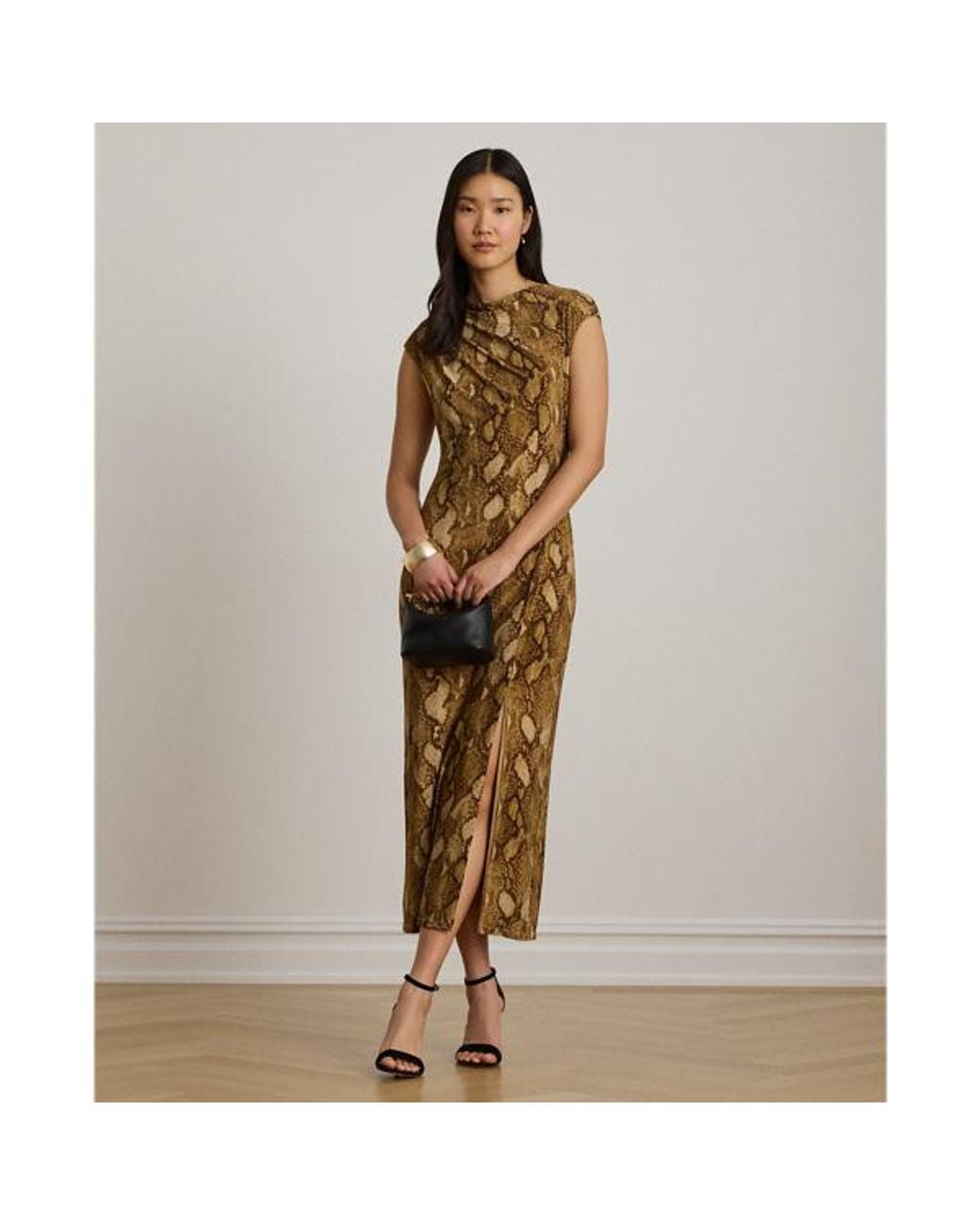 Ralph Lauren Metallic Python-Print Jersey Cap-Sleeve Dress