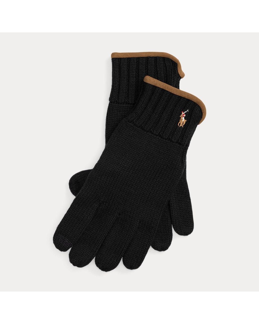 Ralph Lauren Black Suede-Trim Wool Touch-Screen Gloves for men
