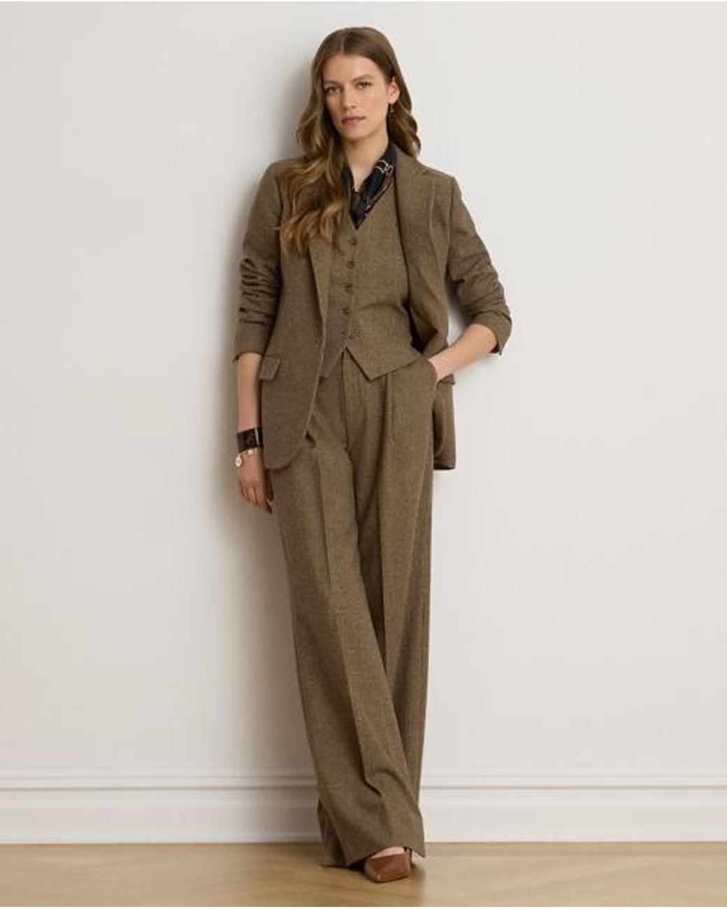 Ralph Lauren Brown Glen Plaid Brushed Wool Wide-Leg Trouser