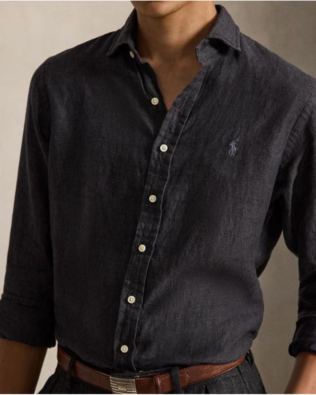 Polo Ralph Lauren Black Custom Fit Slub Linen Shirt for men
