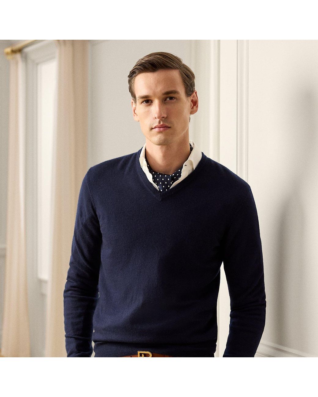 Ralph Lauren Blue Cashmere V-Neck Jumper for men