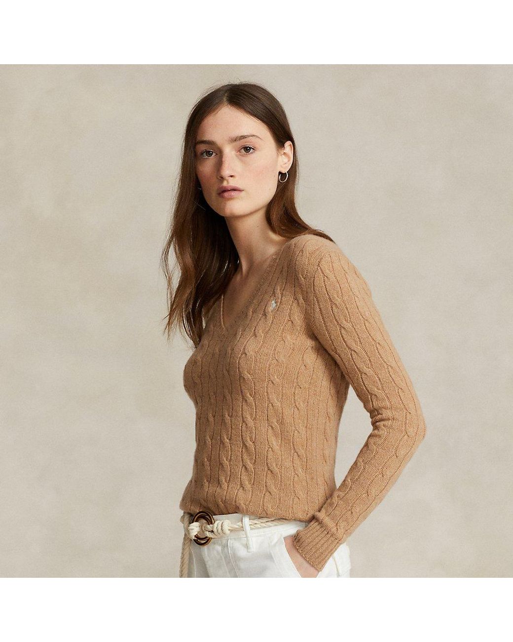 Polo Ralph Lauren Cable-knit Wool-cashmere V-neck Sweater in Brown | Lyst