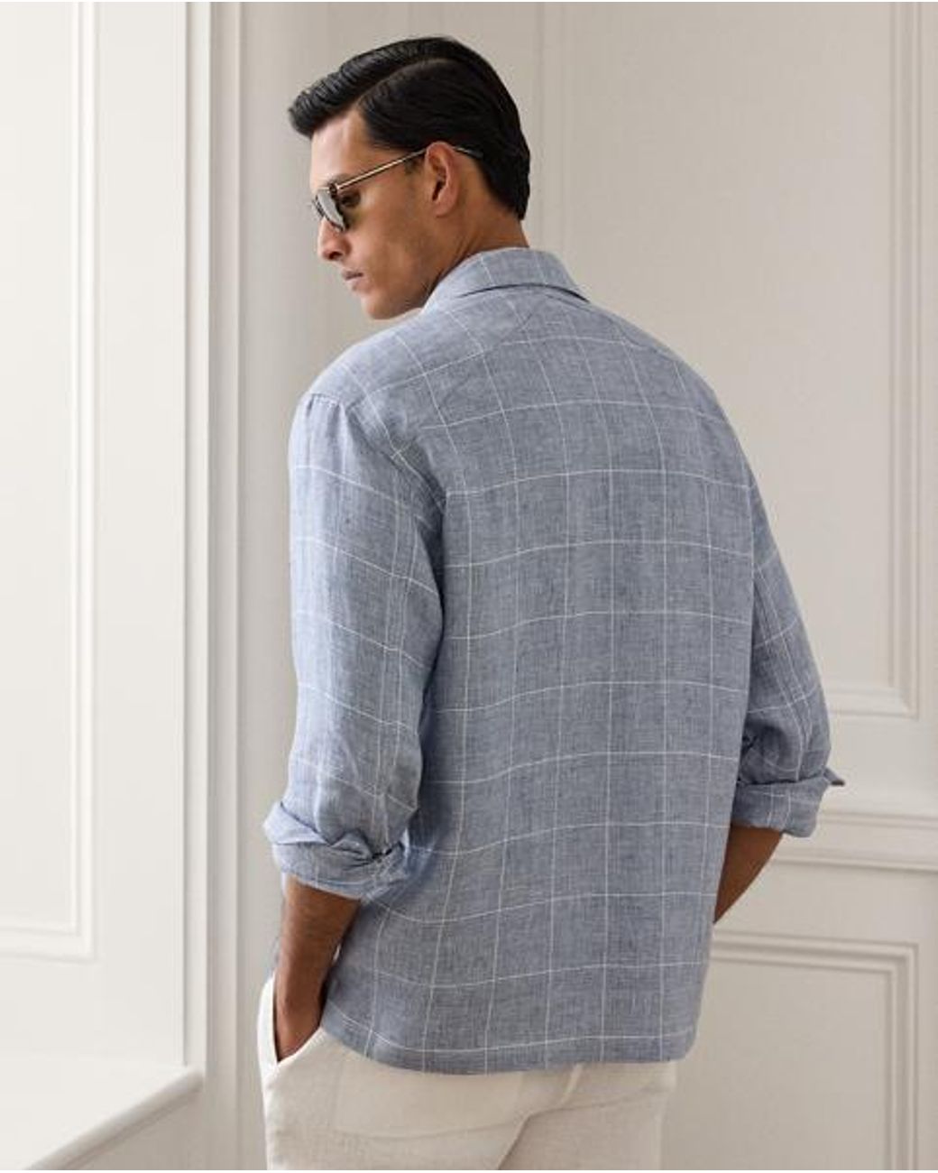 Ralph Lauren Blue Linen Windowpane Shirt for men