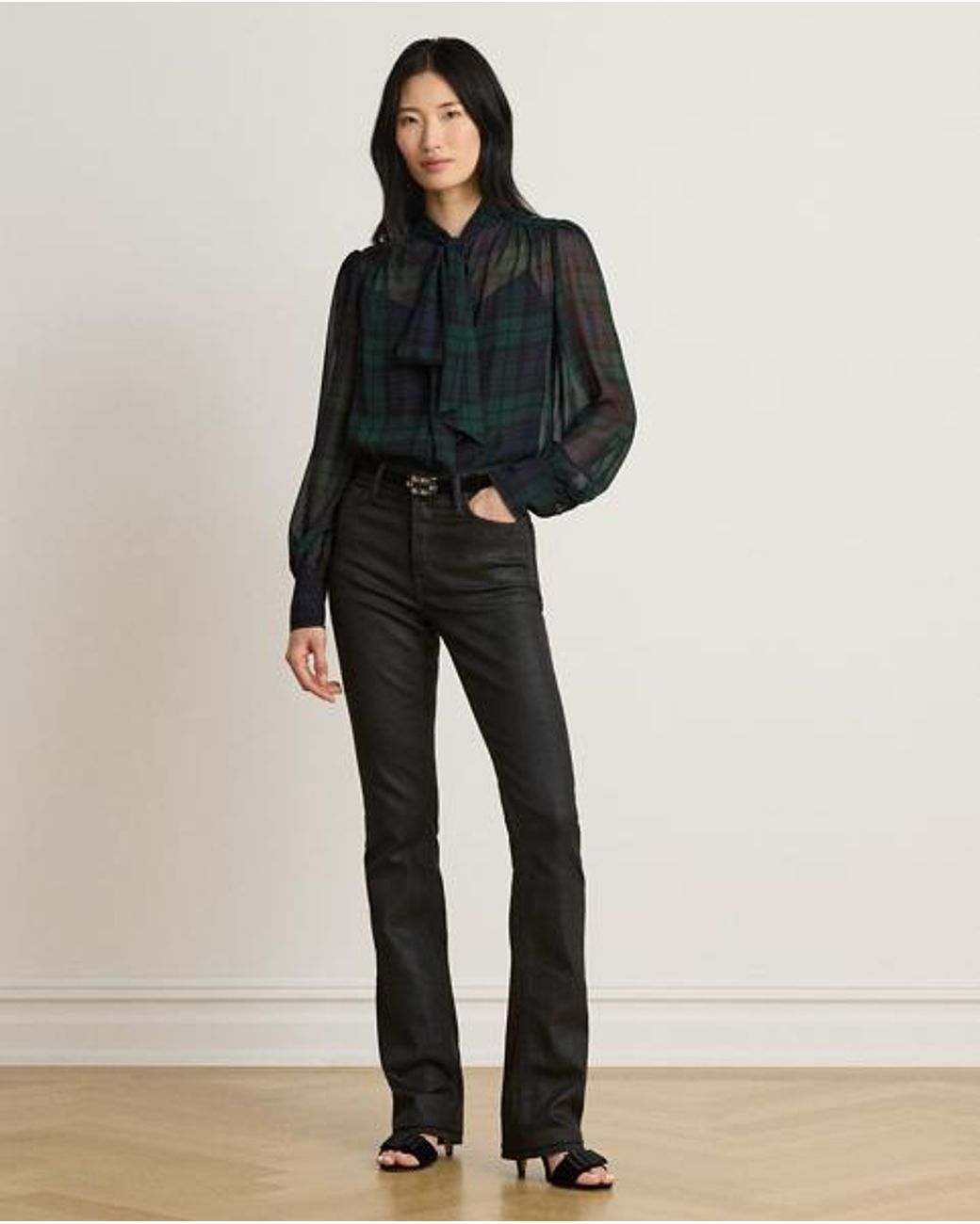 Ralph Lauren Black Watch Georgette Tie-Neck Blouse