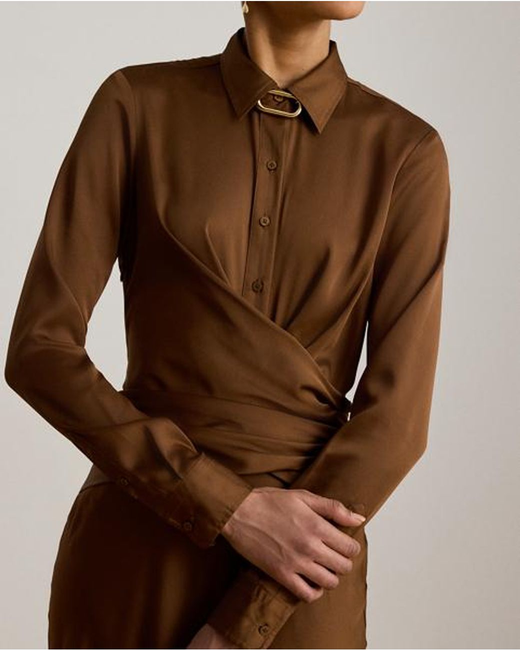 Ralph Lauren Brown Pleated Button-Up Charmeuse Gown