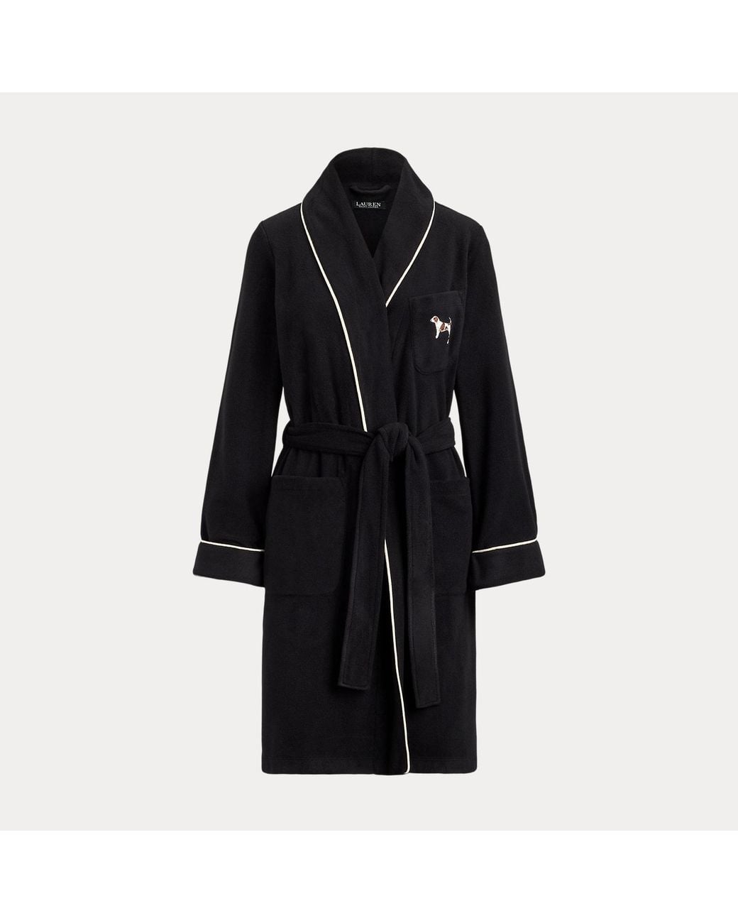 Ralph Lauren Black Dog-Embroidered Fleece Shawl-Collar Robe