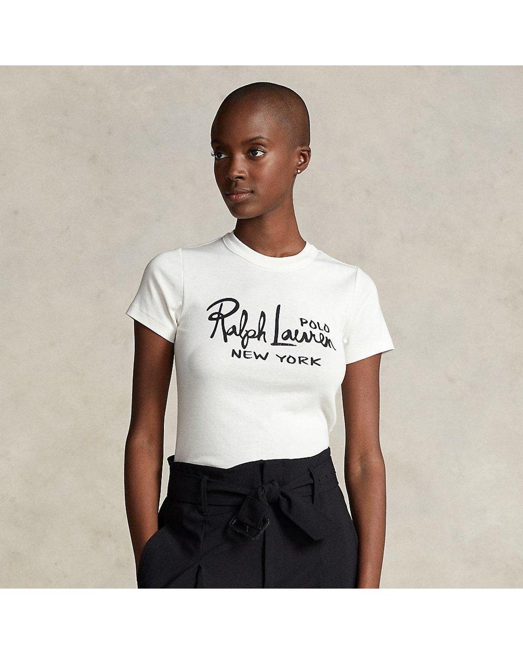 Ralph Lauren Logo Rib Knit Cotton T-shirt - Nevis White | Lyst