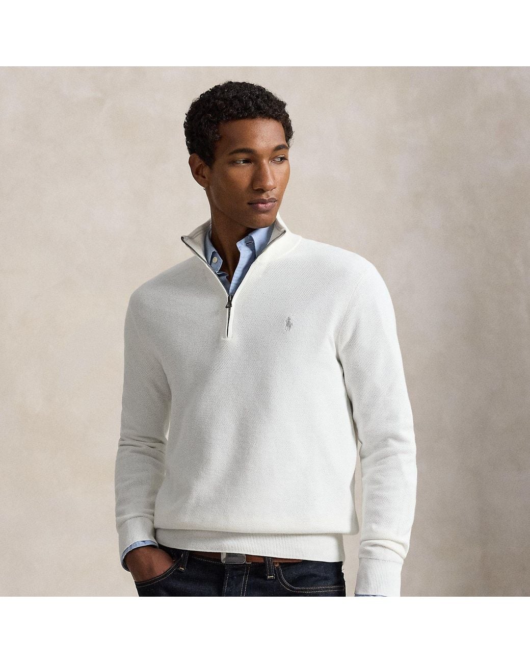 Polo Ralph Lauren Mesh-Knit Cotton Quarter-Zip Sweater in White