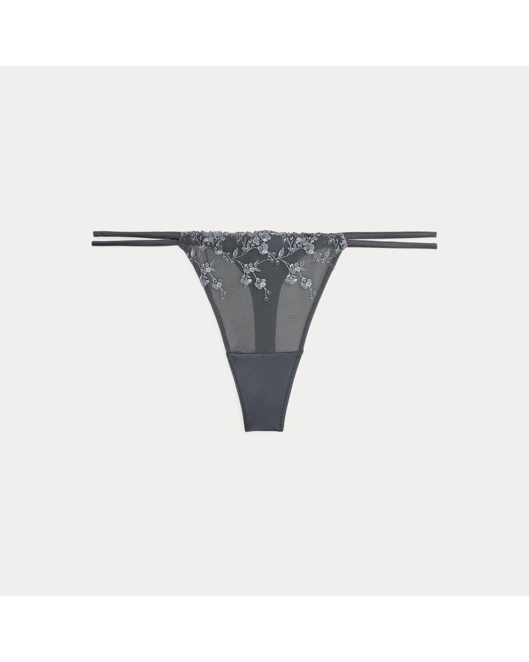 Ralph Lauren Gray Floral-Embroidered Mesh & Satin Thong