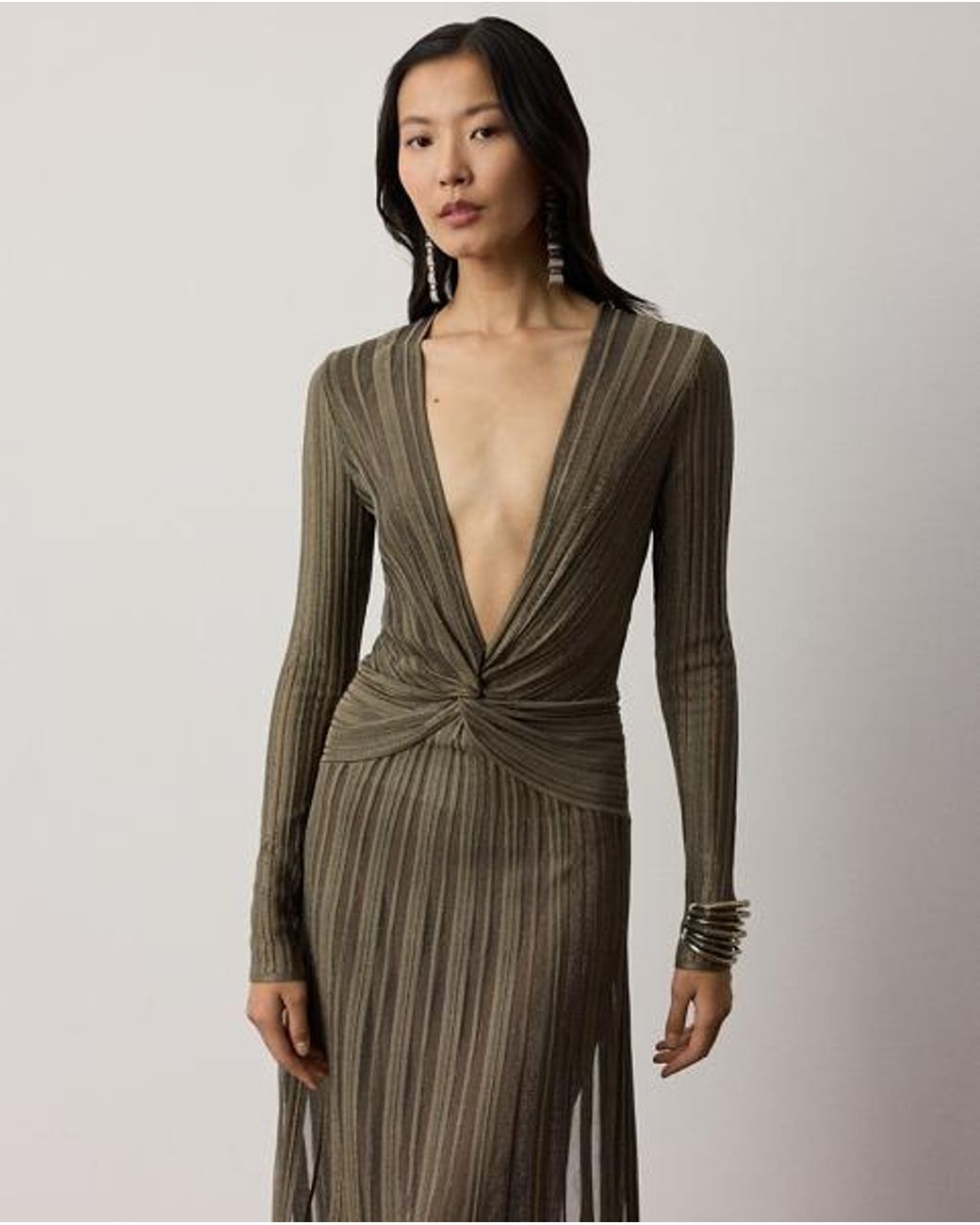 Ralph Lauren Green Dabney Pleated Metallic Evening Dress