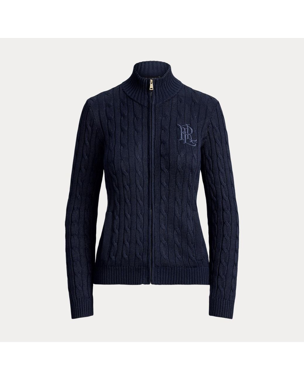Ralph Lauren Blue Cable-Knit Full-Zip Mockneck Sweater