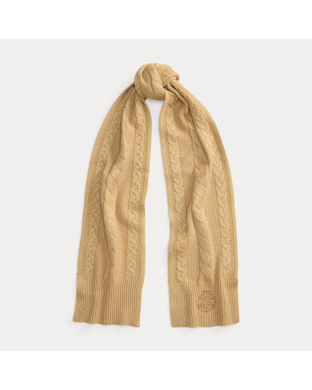 Ralph Lauren Brown Embroidered-Crest Metallic Cable Scarf