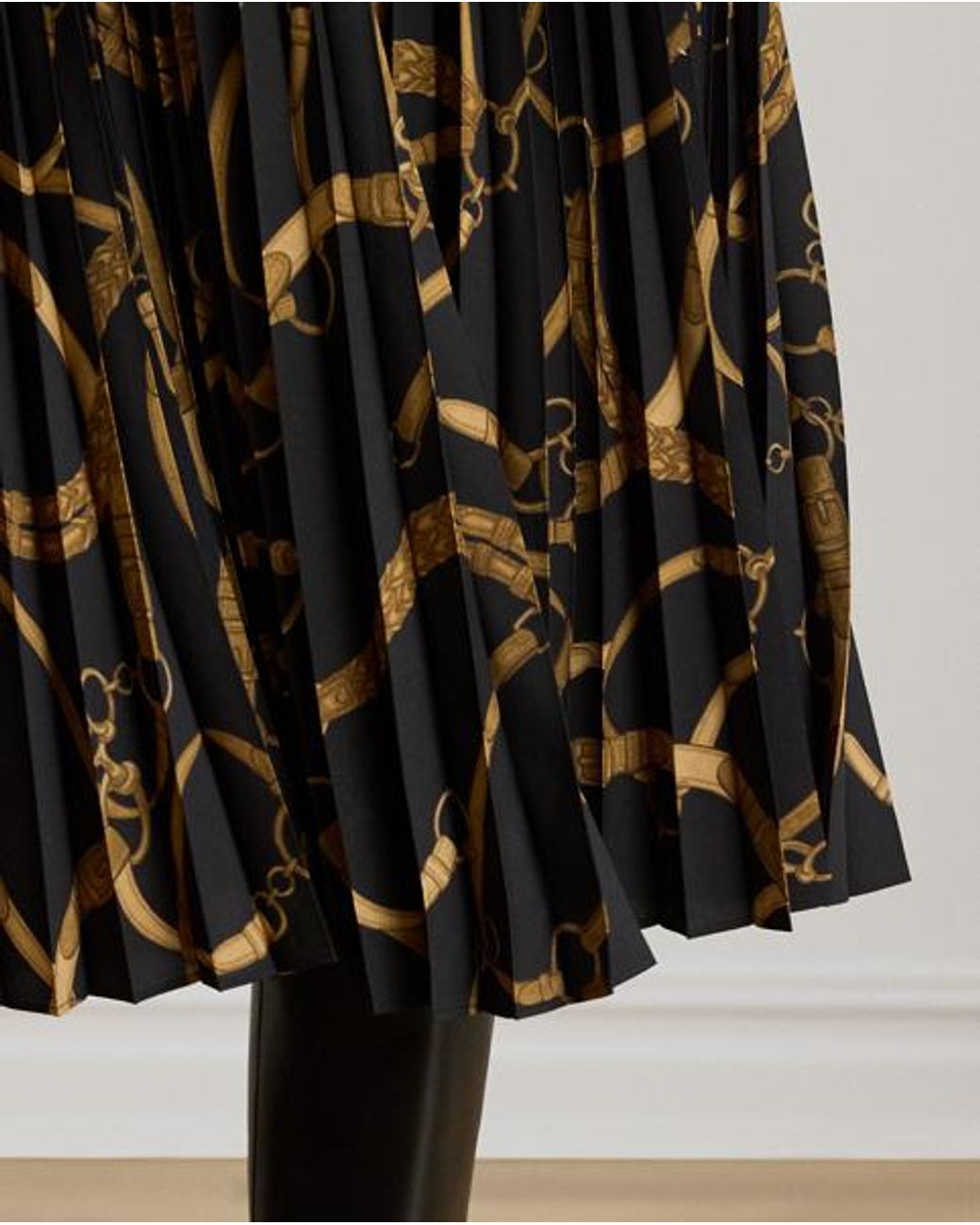 Ralph Lauren Black Belting-Print Pleated Crepe Skirt