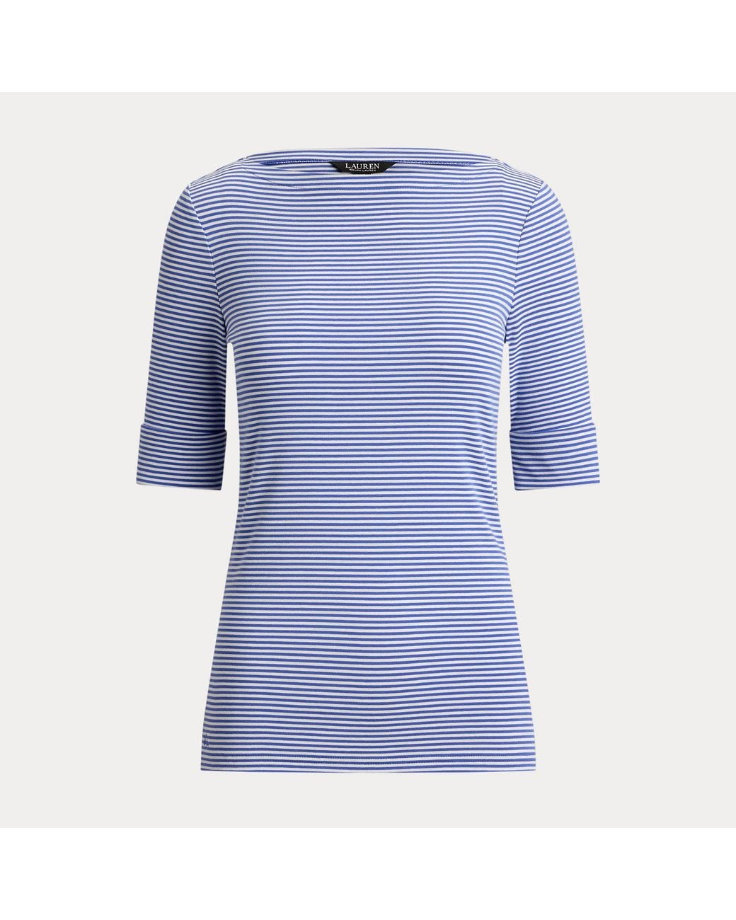 Ralph Lauren Blue Striped Stretch Cotton Boatneck T-Shirt