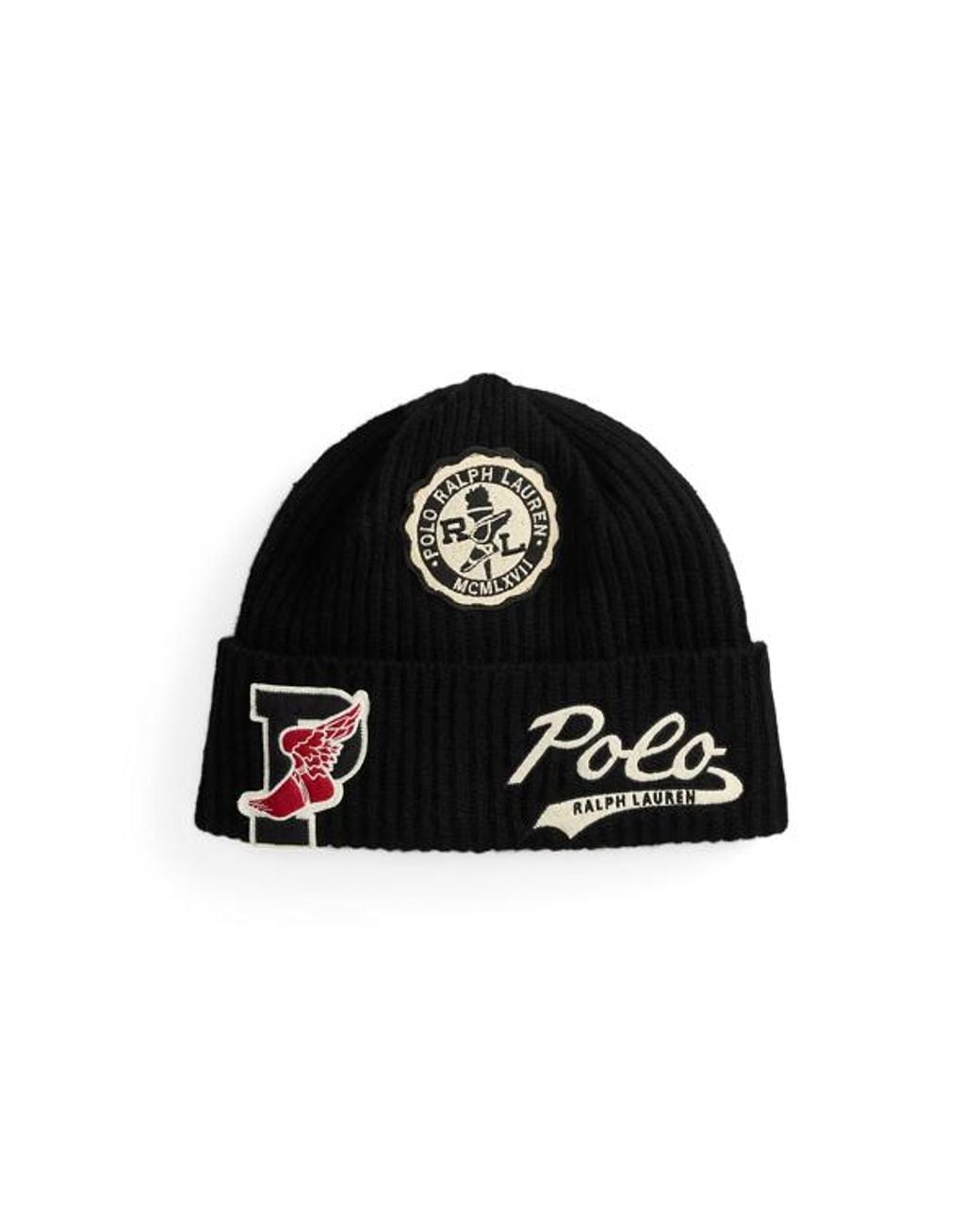 Ralph Lauren Black Logo-Patch Wool-Blend Watch Cap for men