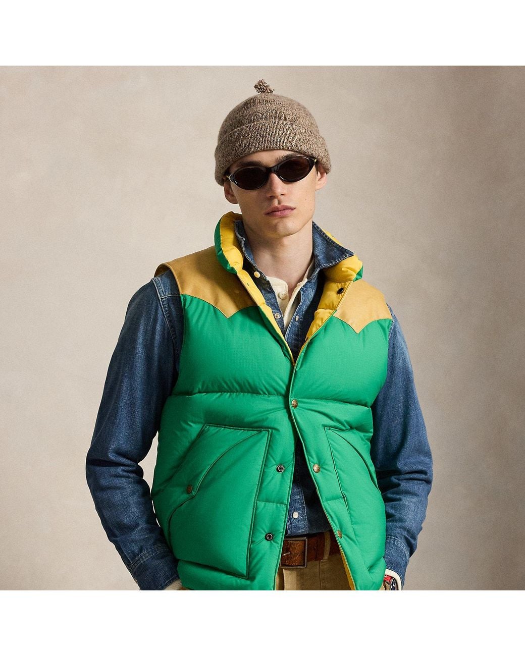 Polo Ralph Lauren Green Leather-Yoke Down Waistcoat for men