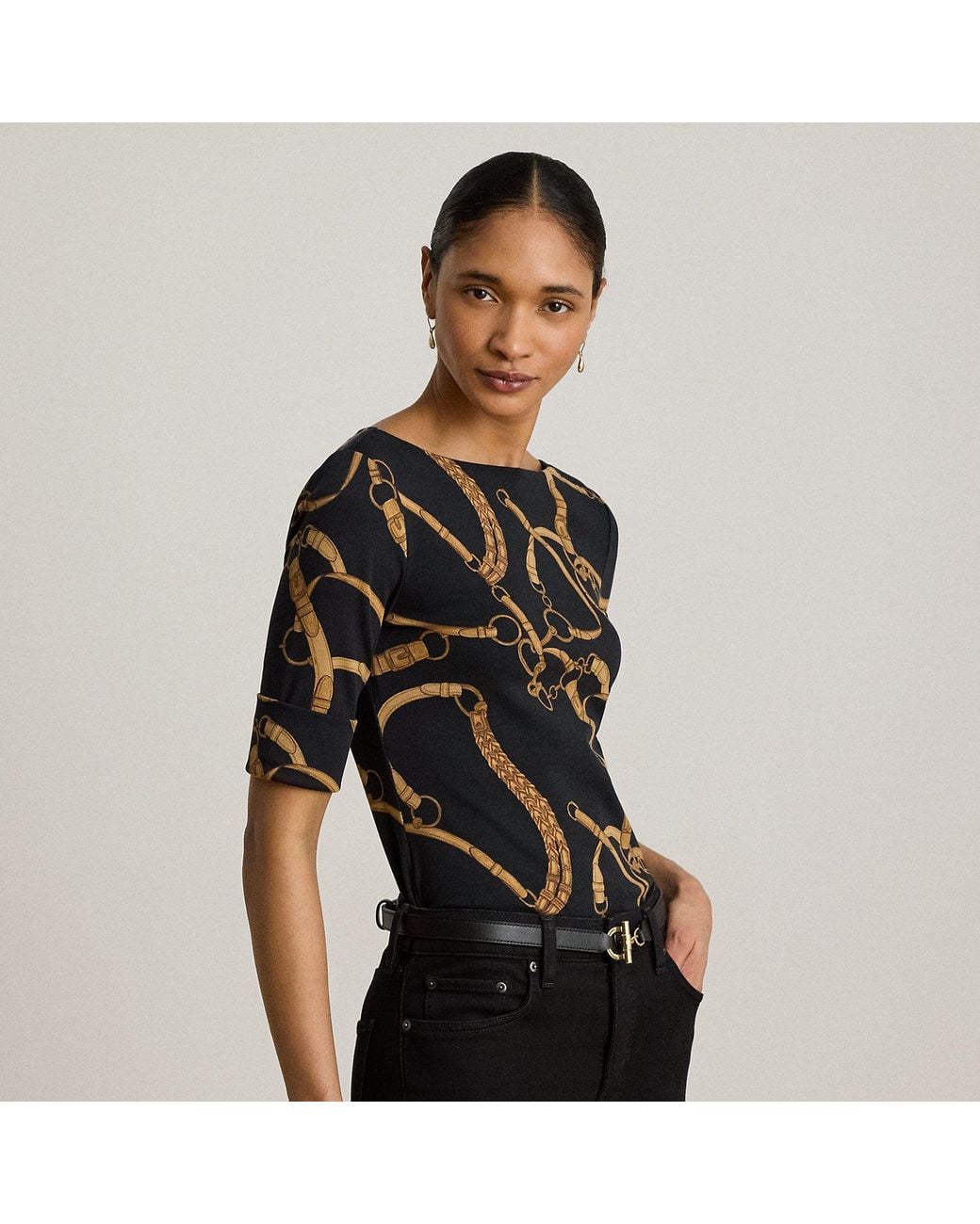 Ralph Lauren Black Belting-Print Cotton Boatneck T-Shirt