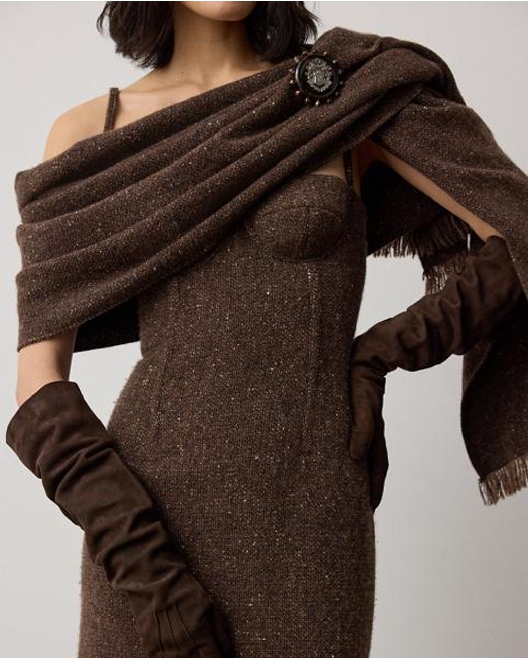 Ralph Lauren Brown Jocey Wool-Blend Donegal Tweed Day Dress