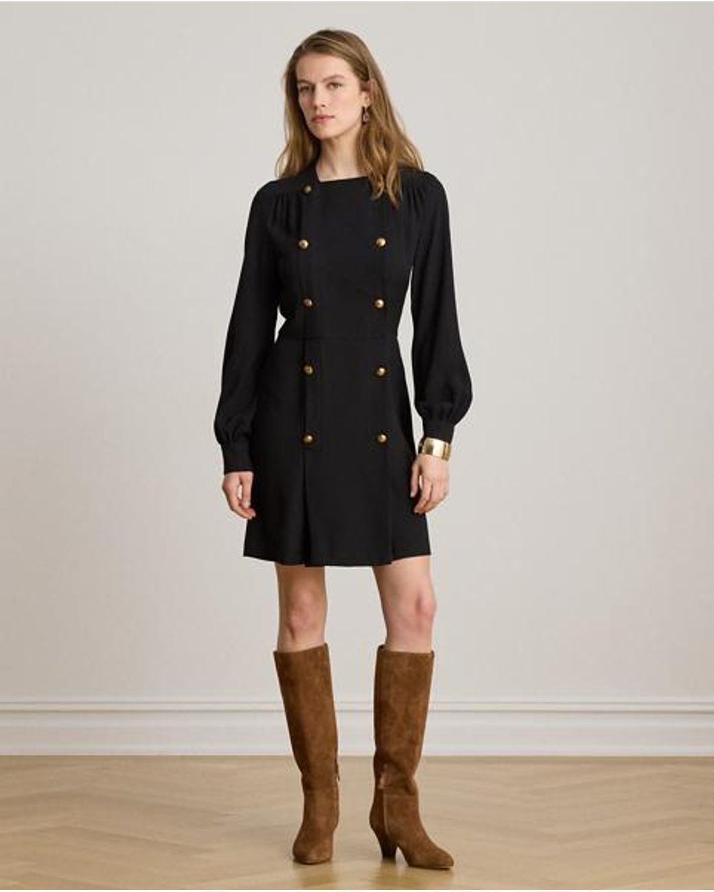 Ralph Lauren Black Double-Breasted Georgette Dress