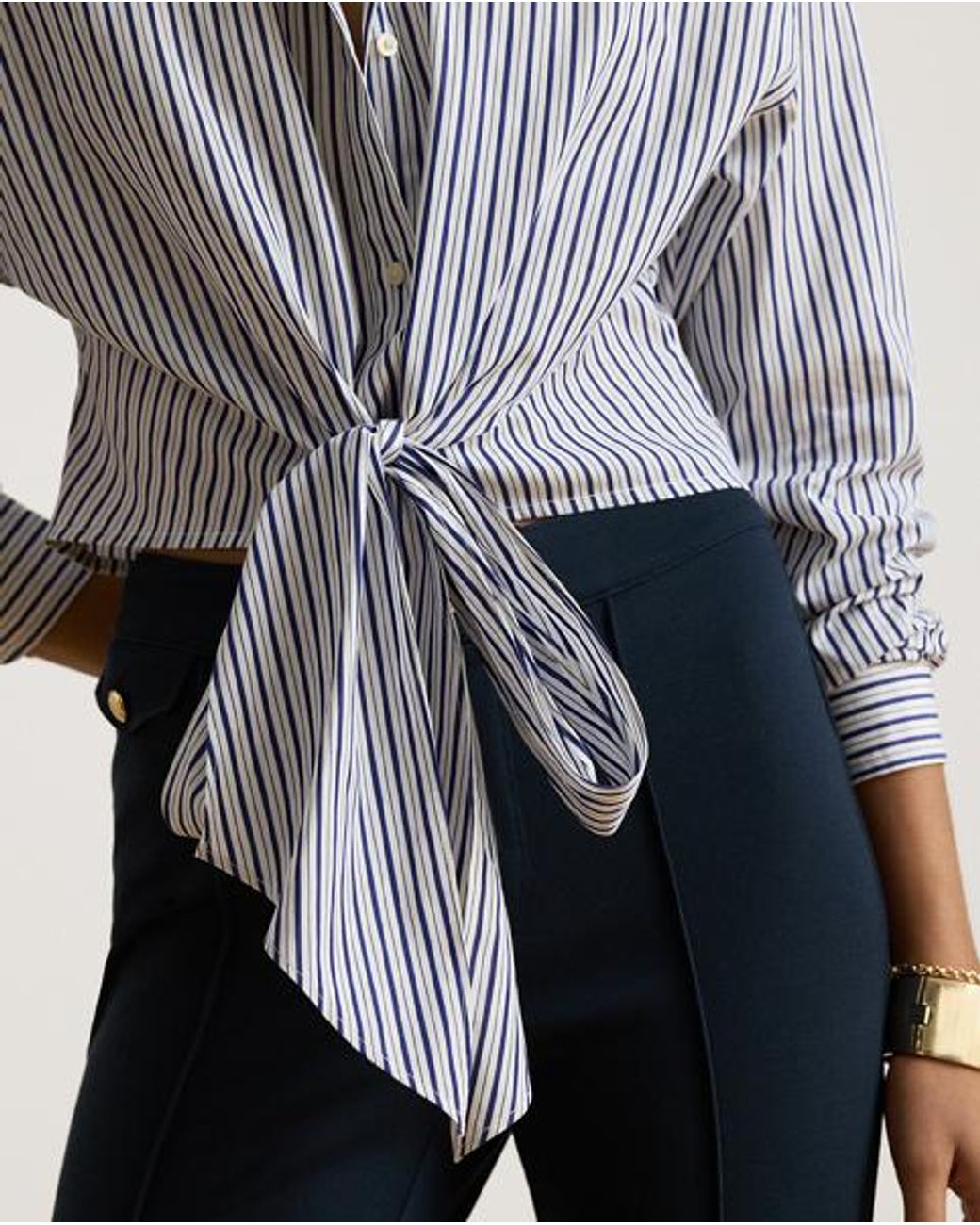 Ralph Lauren Gray Striped Tie-Front Cropped Cotton Shirt