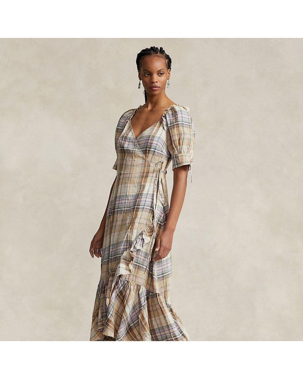 Polo Ralph Lauren Plaid Linen Wrap Dress | Lyst