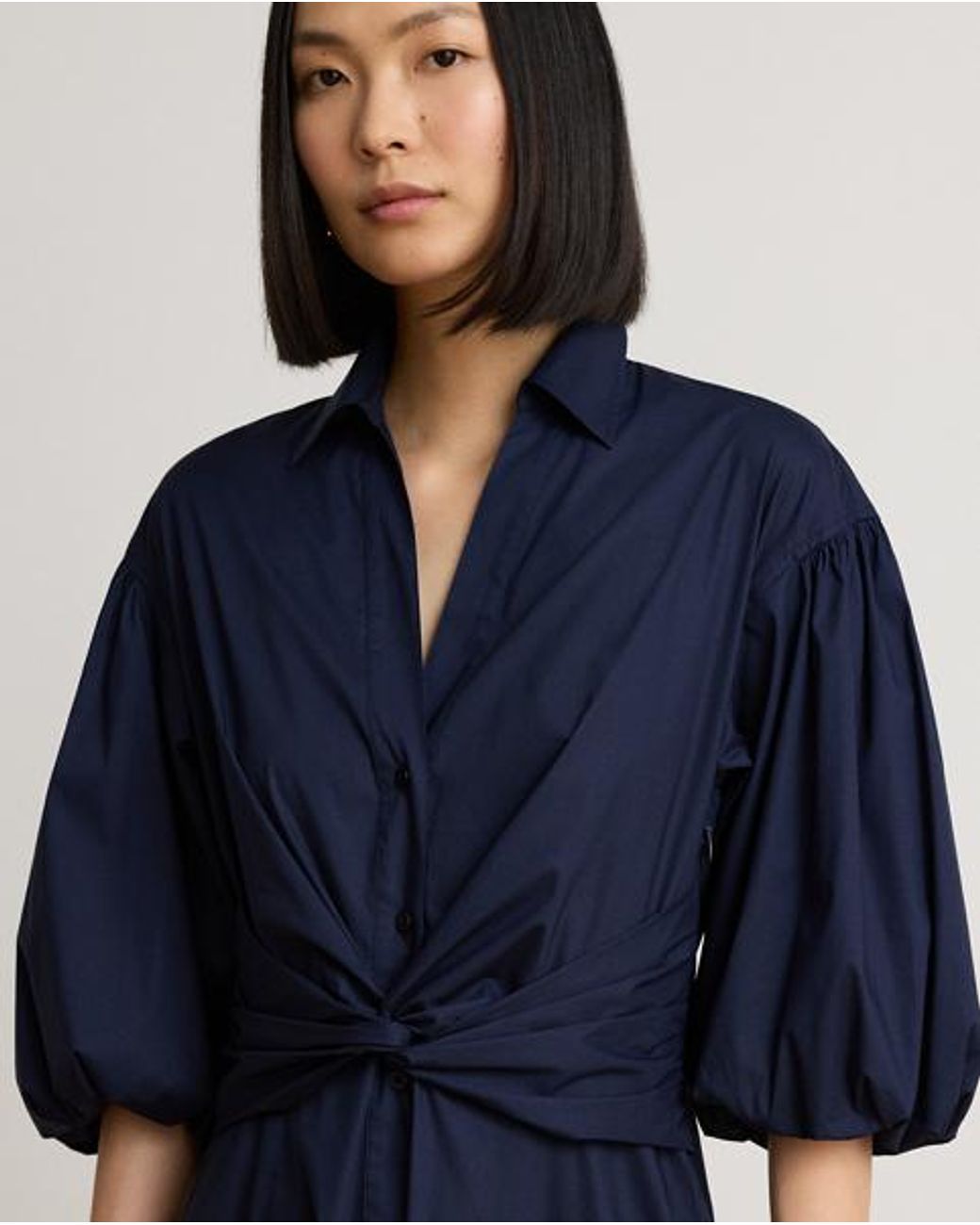 Ralph Lauren Blue Twist-Front Bubble-Sleeve Shirtdress