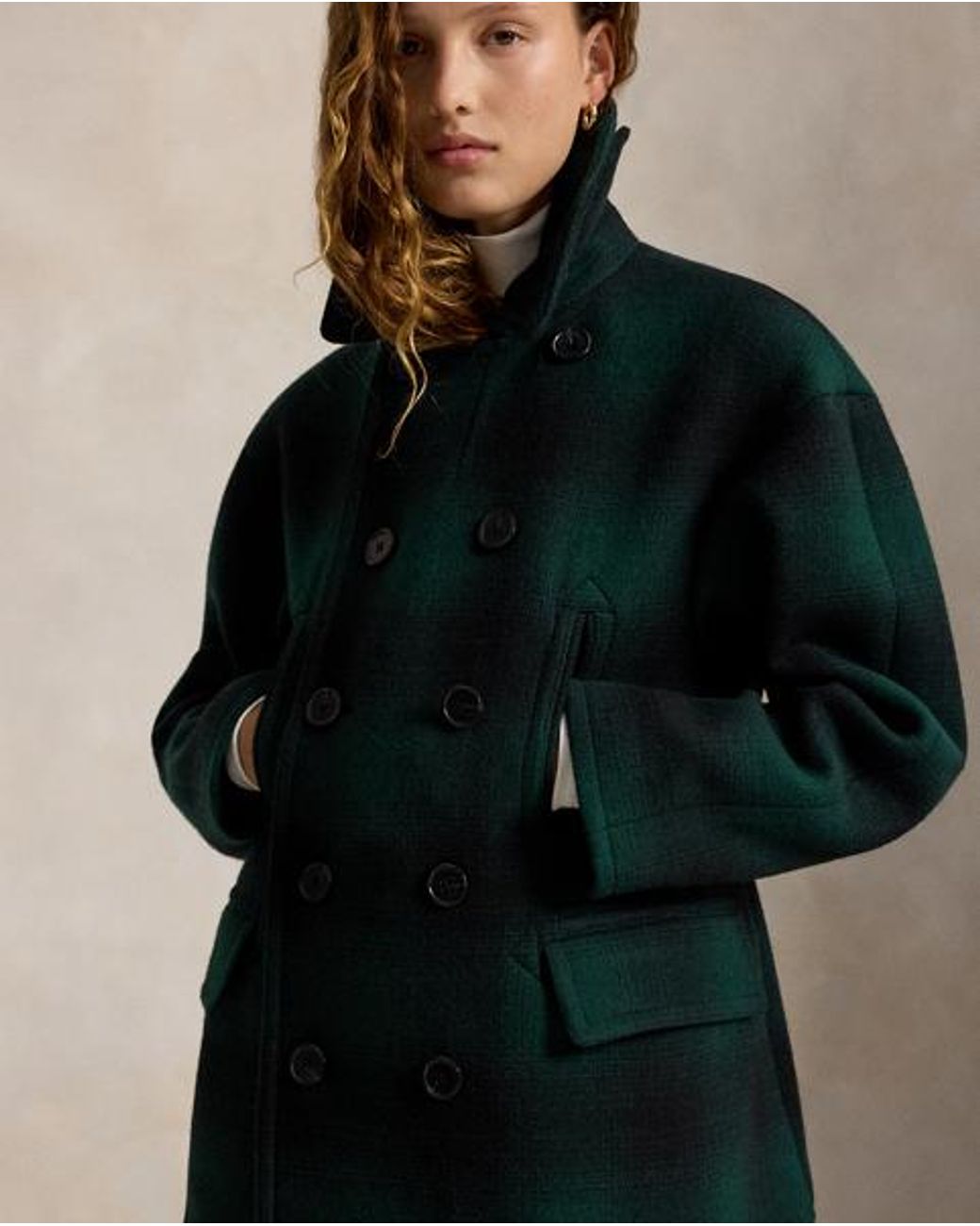 Polo Ralph Lauren Black Sculpted Plaid Wool-Blend Peacoat