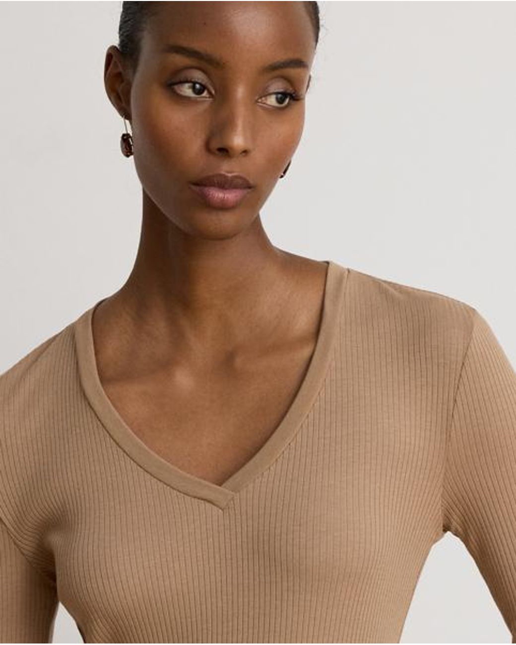 Ralph Lauren Natural Rib-Knit Long-Sleeve V-Neck Top