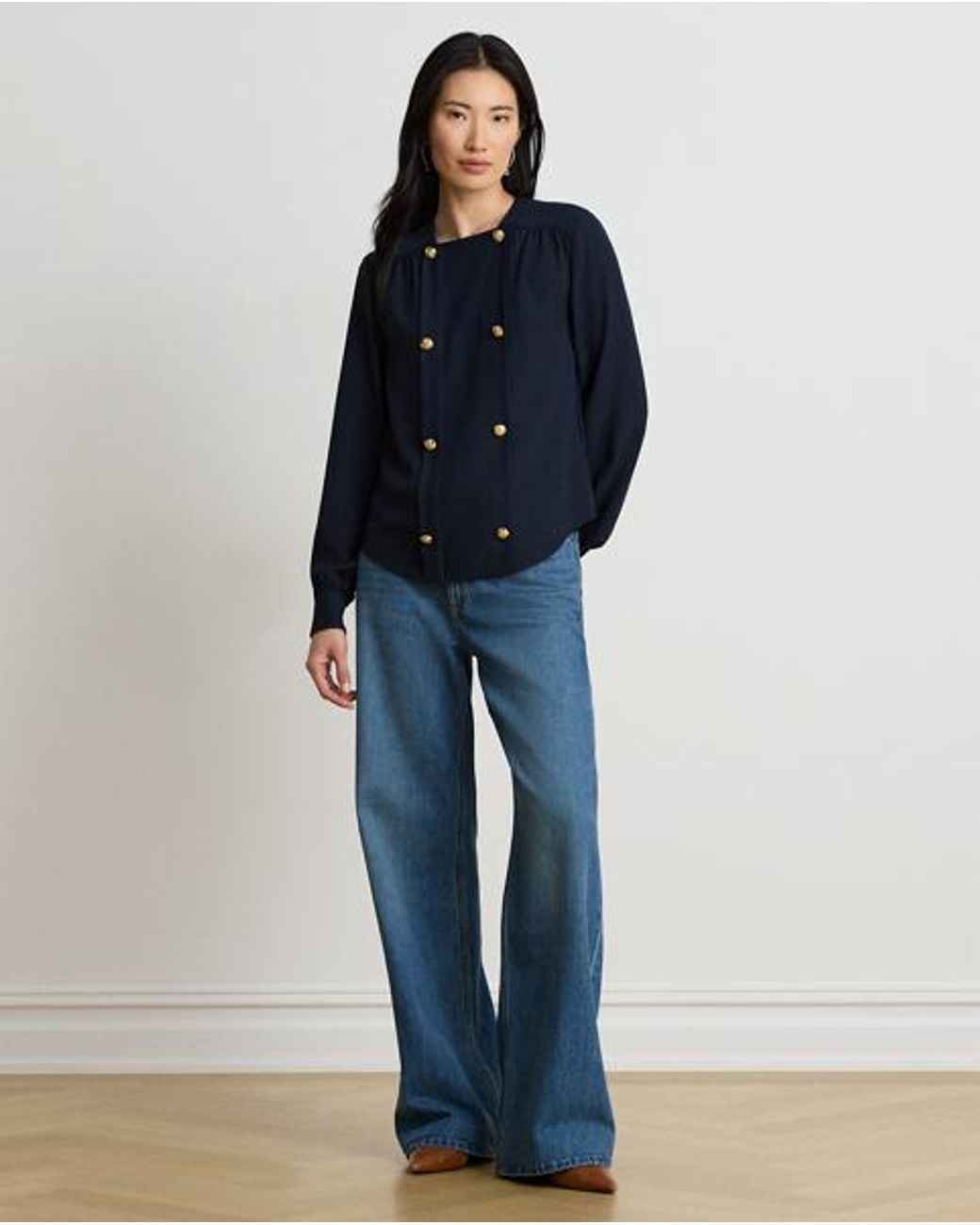 Ralph Lauren Blue Double-Breasted Georgette Blouse