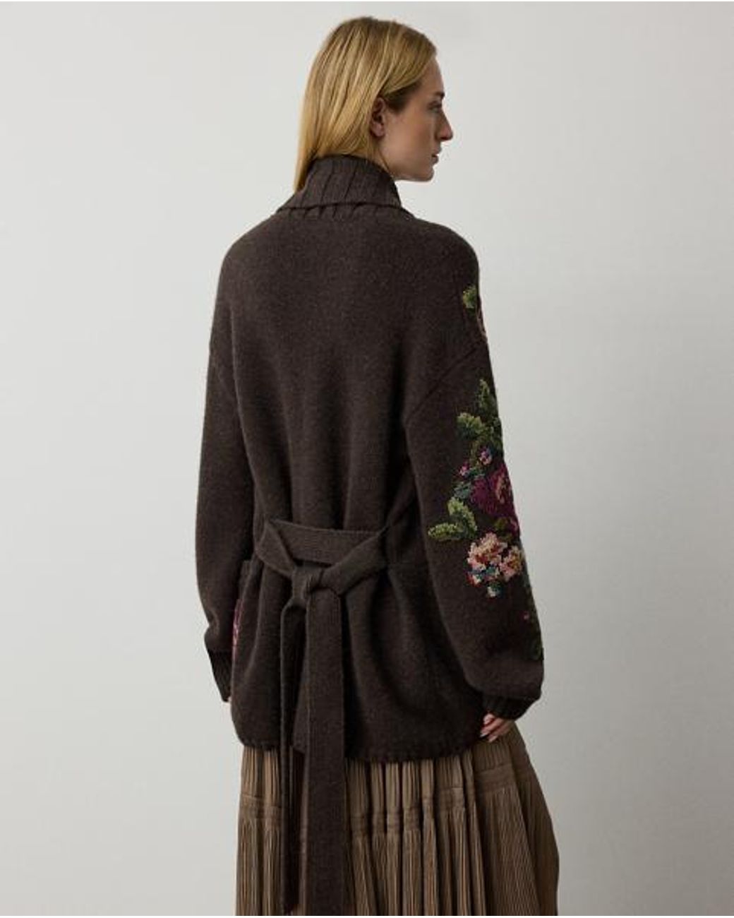 Ralph Lauren Brown Floral Cashmere Shawl-Collar Cardigan