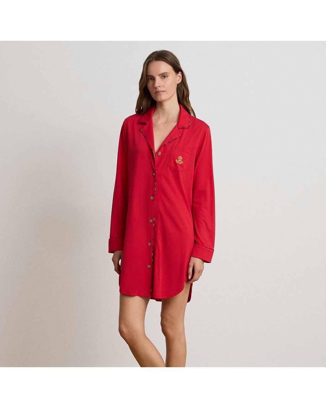 Ralph Lauren Red Plaid-Trim Jersey Sleep Shirt