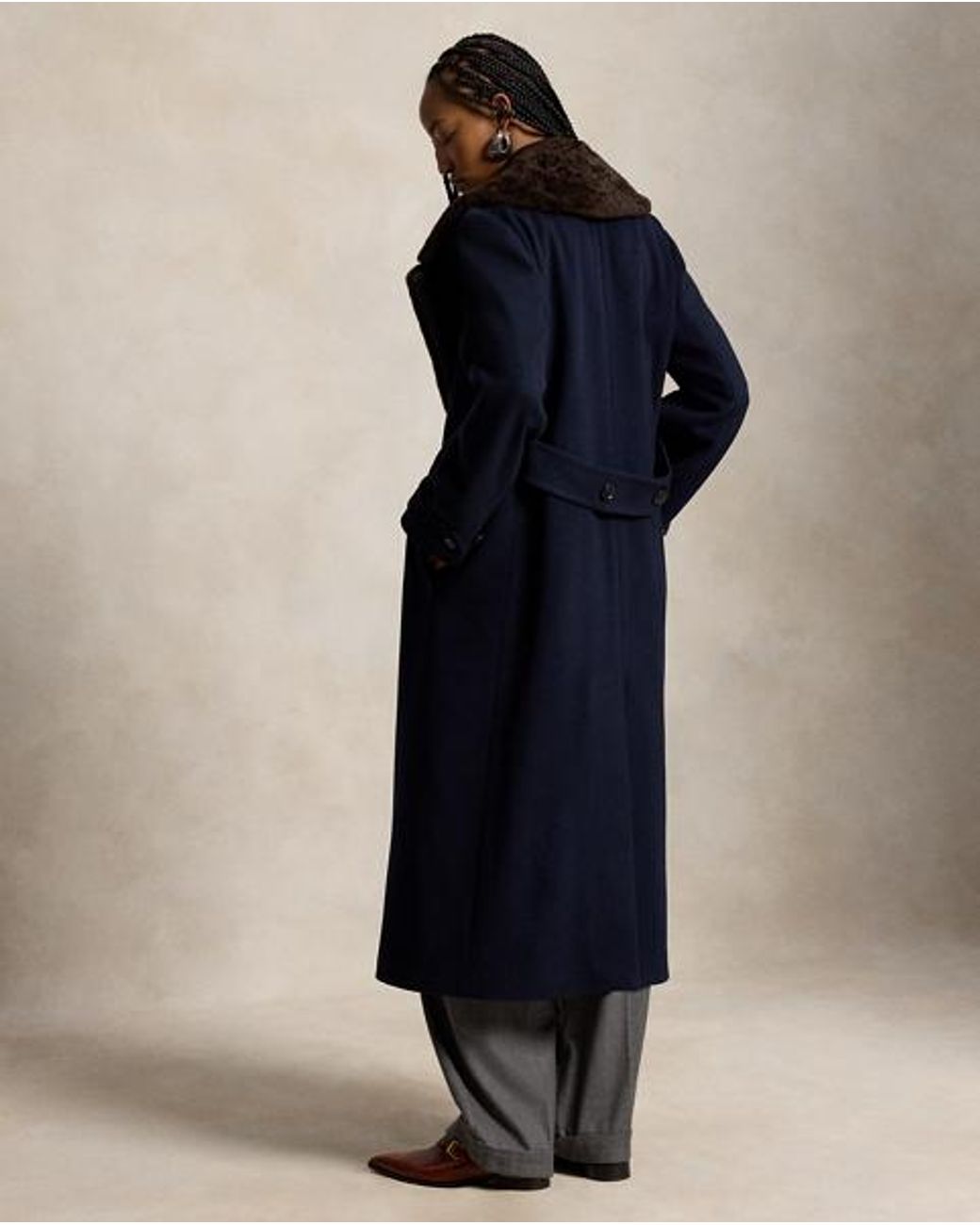 Ralph Lauren Black Shearling-Collar Wool Melton Peacoat