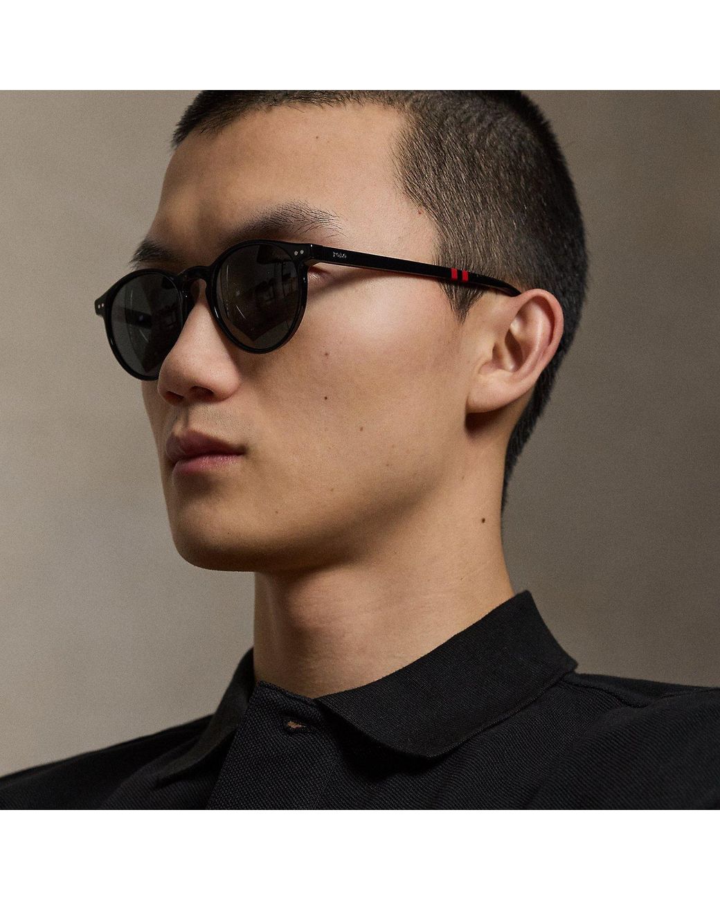 Polo Ralph Lauren Black Rugby-Stripe Round Sunglasses for men