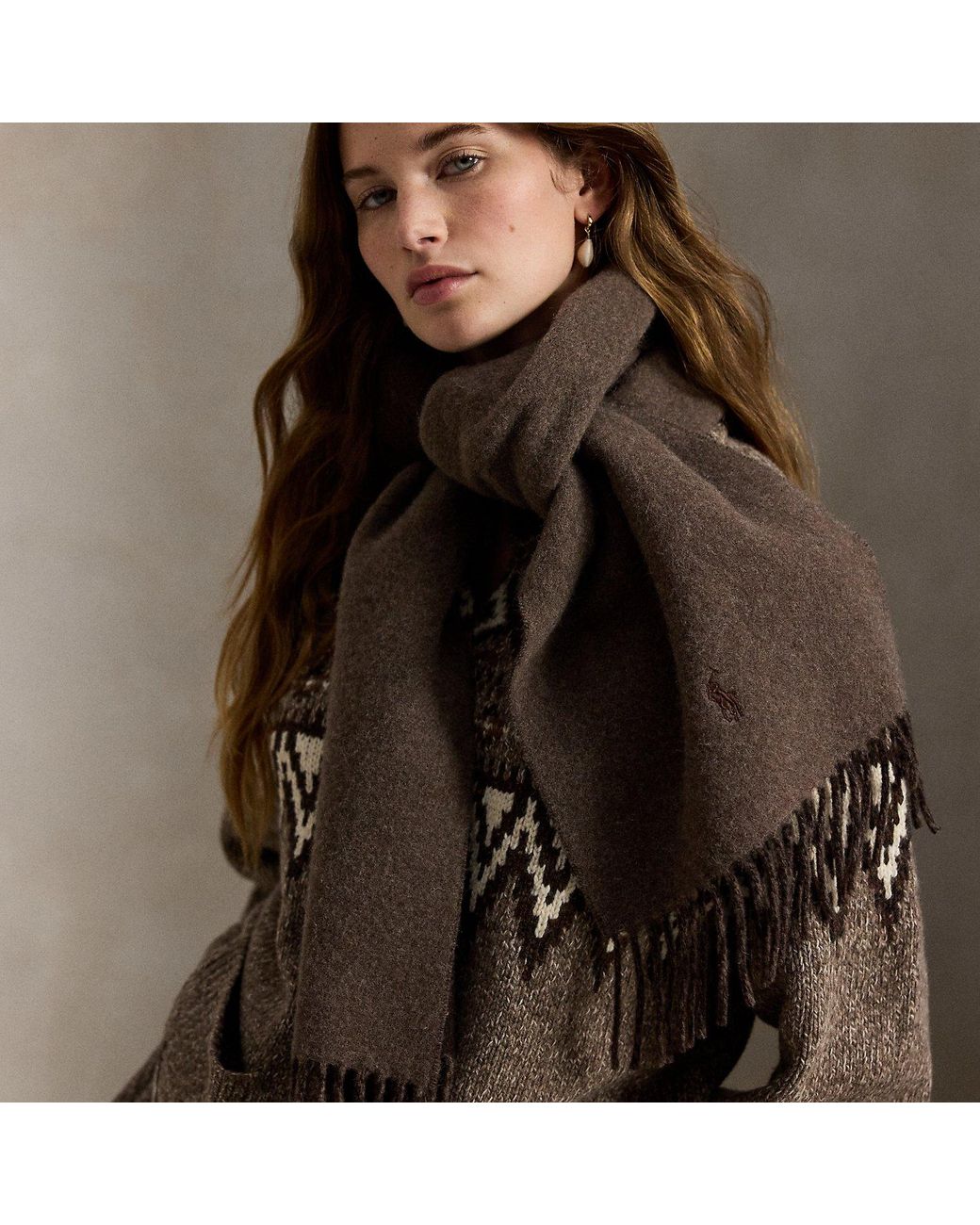Polo Ralph Lauren Brown Fringe-Trim Wool Scarf