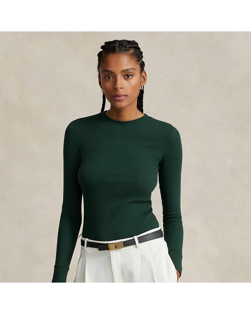 Polo Ralph Lauren Ribbed Suede-trim Long-sleeve Tee in Green | Lyst