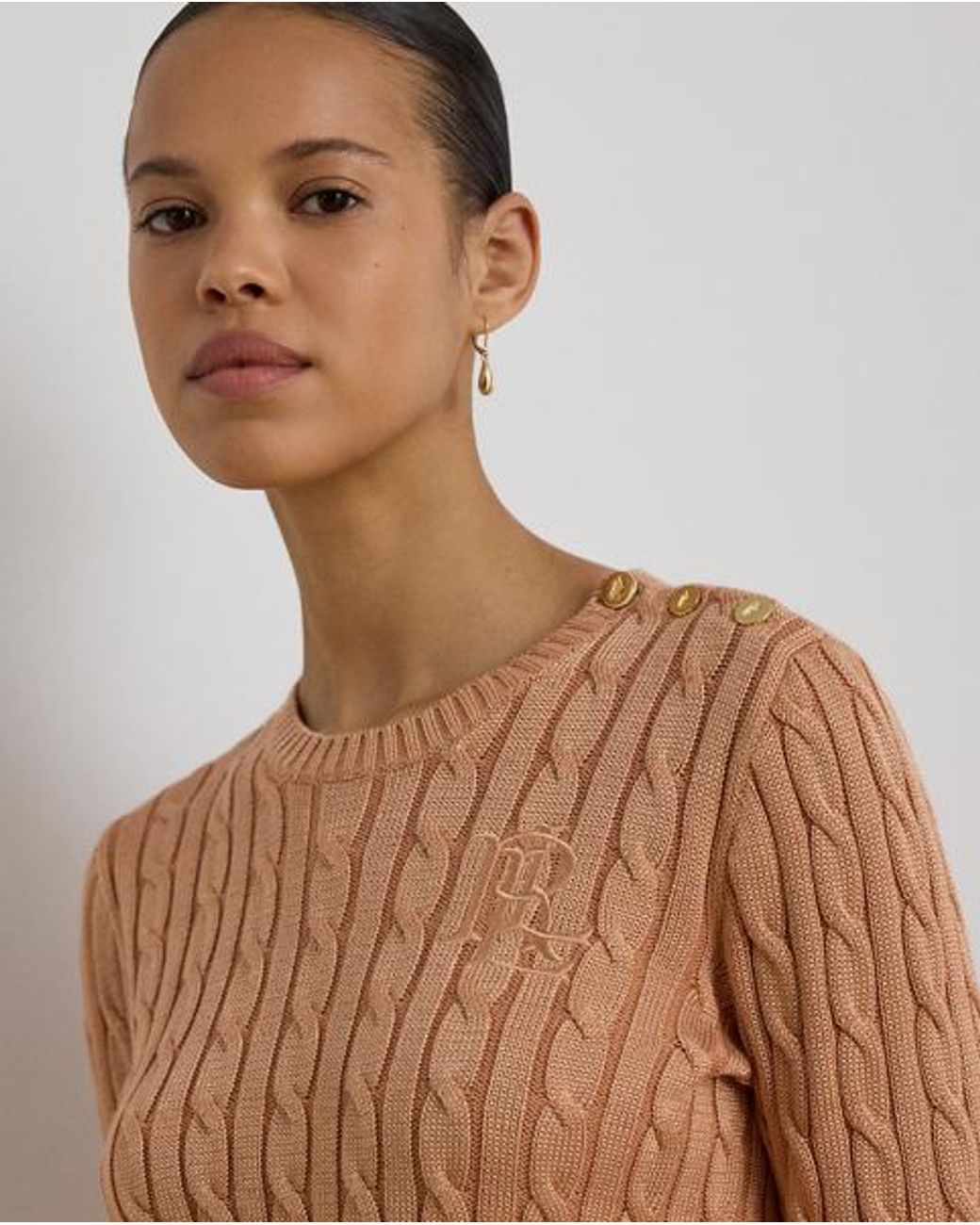 Ralph Lauren Brown Button-Trim Cable-Knit Jumper