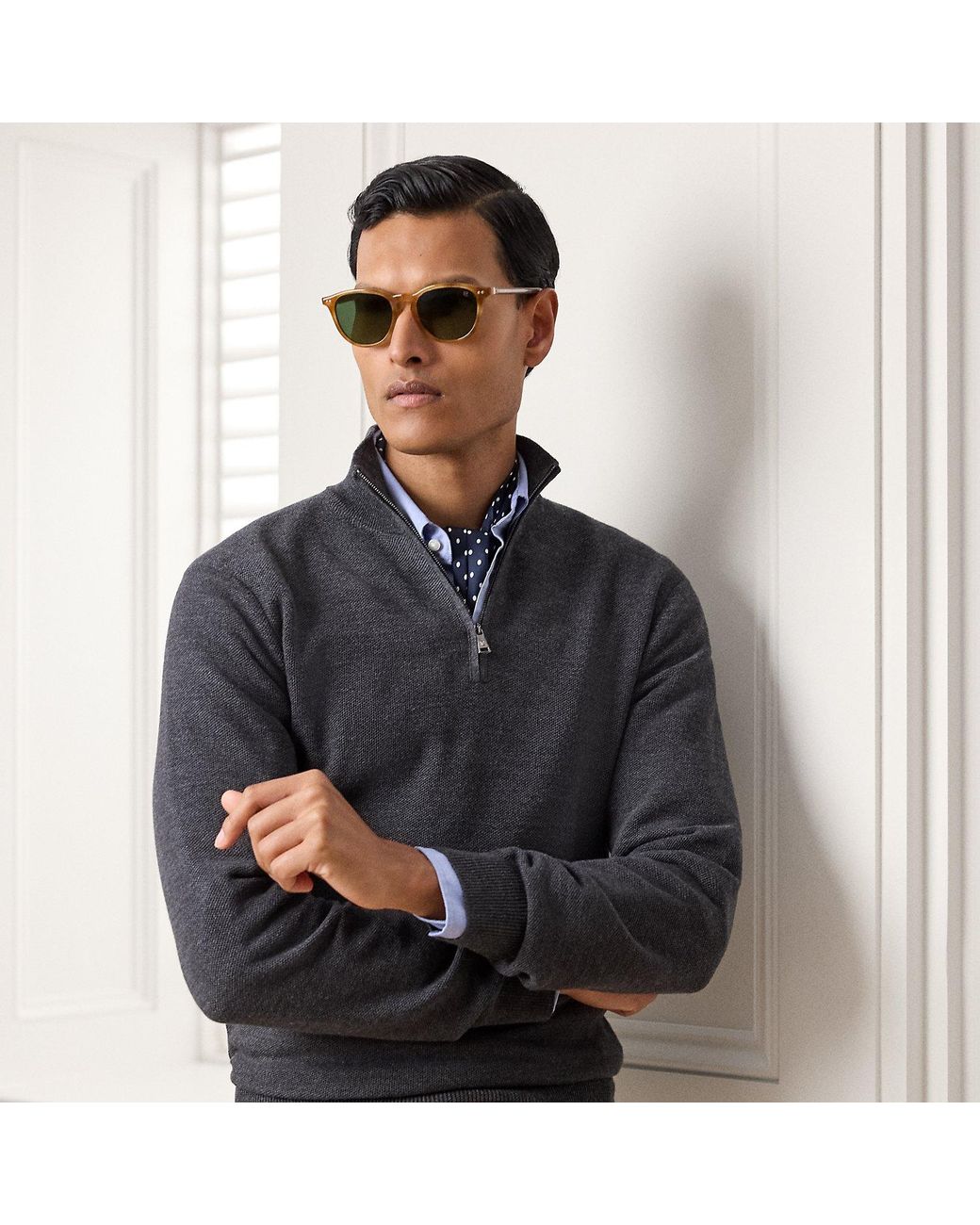 Ralph Lauren Black Piqué-Knit Wool Quarter-Zip Sweater for men