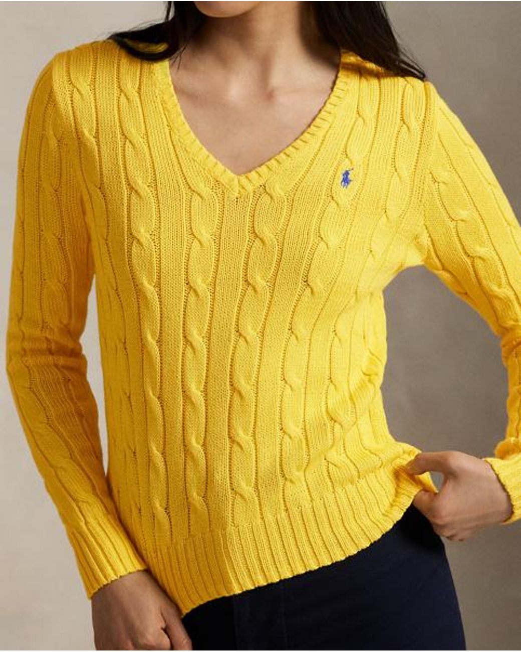 Ralph Lauren Yellow Cable-knit Cotton V-neck Jumper