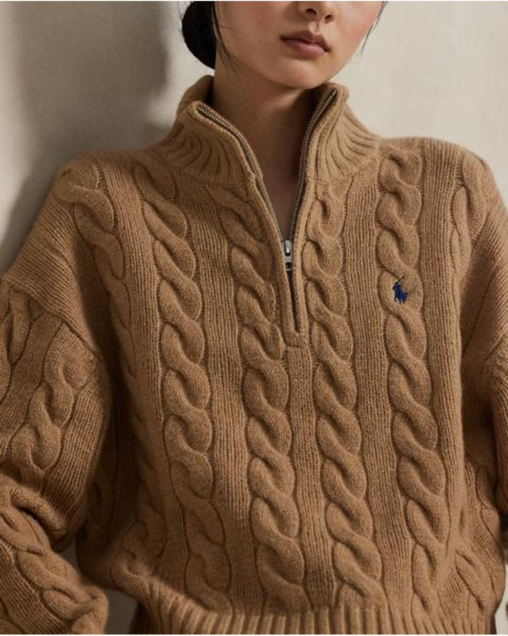 Polo Ralph Lauren Brown Cable Wool-Cashmere Half-Zip Sweater