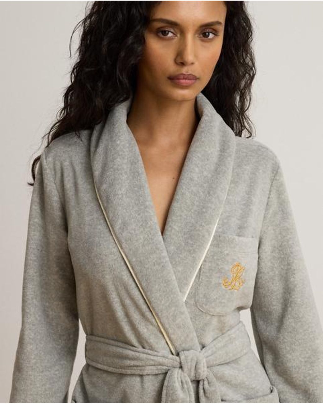 Ralph Lauren Gray Microfleece Long Shawl-Collar Robe