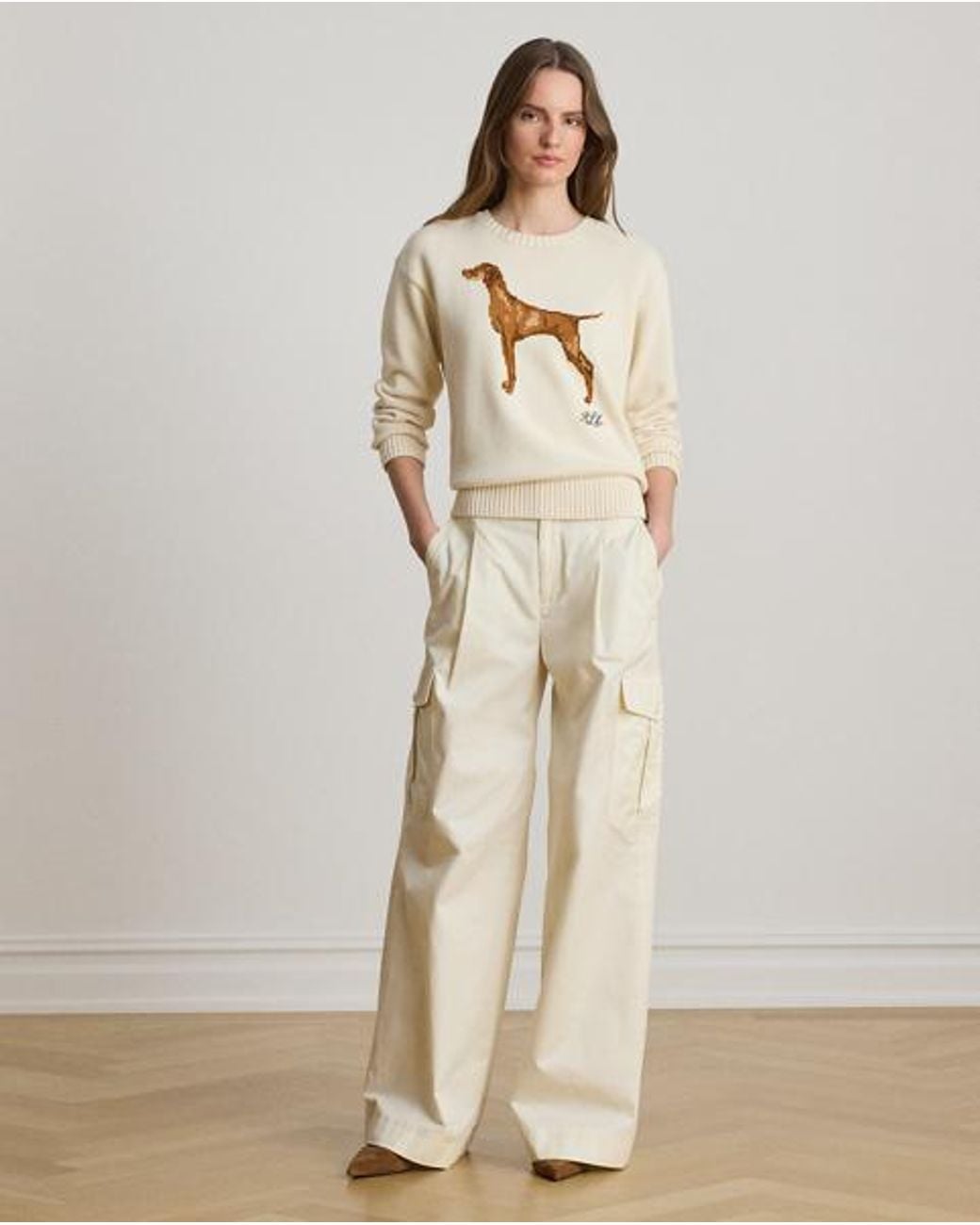 Ralph Lauren Natural Cotton Twill Wide-Leg Cargo Trouser