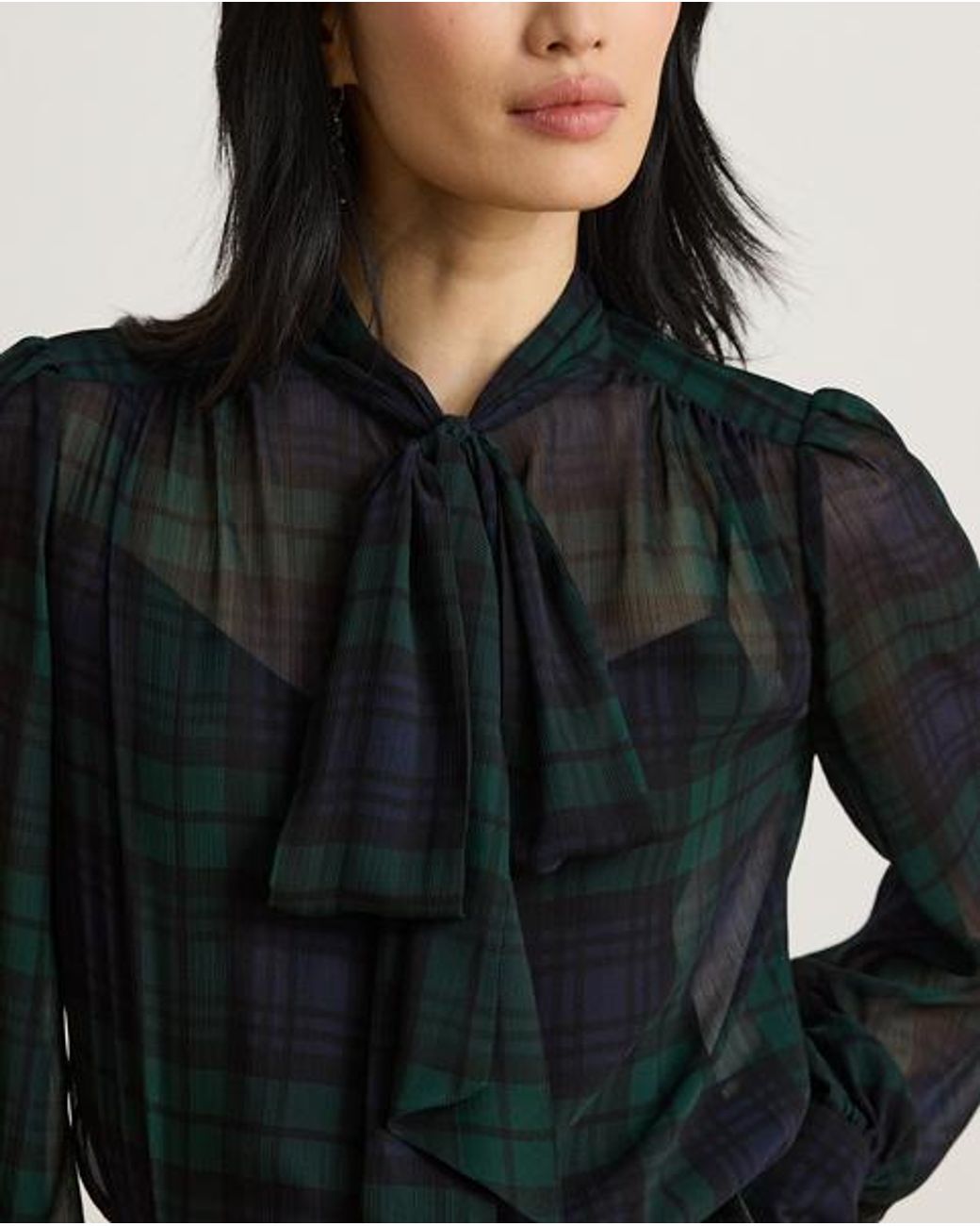 Ralph Lauren Black Watch Georgette Tie-Neck Blouse