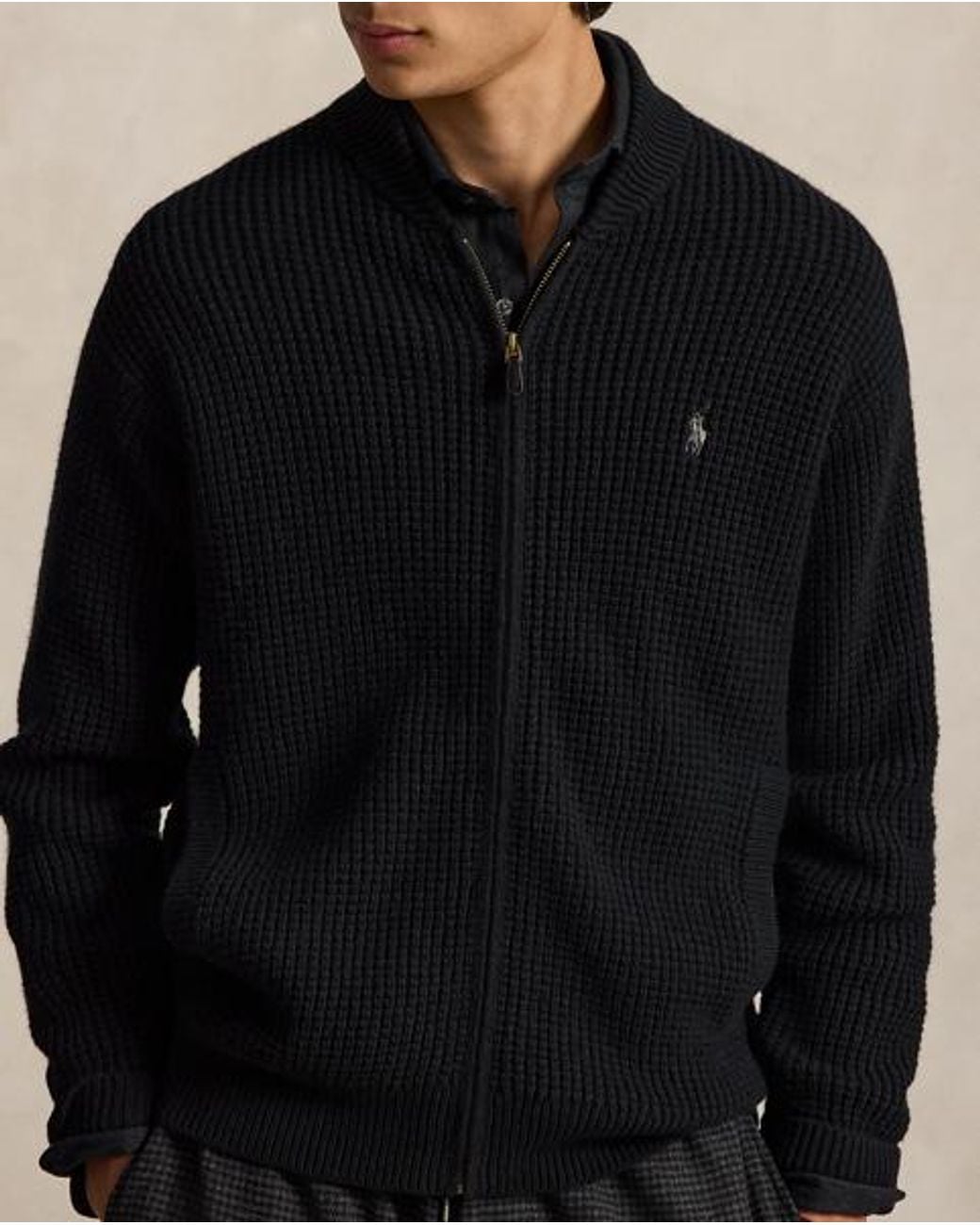 Polo Ralph Lauren Black Waffle-Knit Wool-Cotton Full-Zip Jumper for men