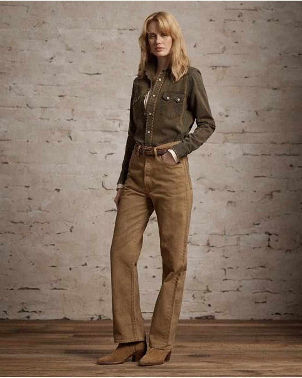 RRL Brown Washed Denim Western Shirt