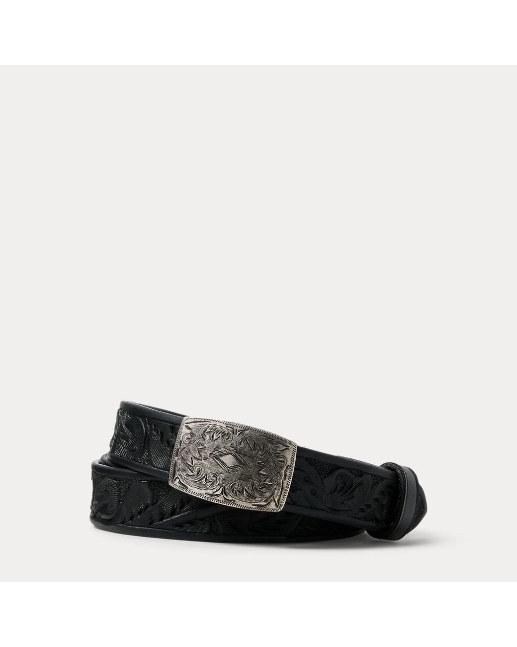 RRL Black Hand-Tooled Leather Belt for men