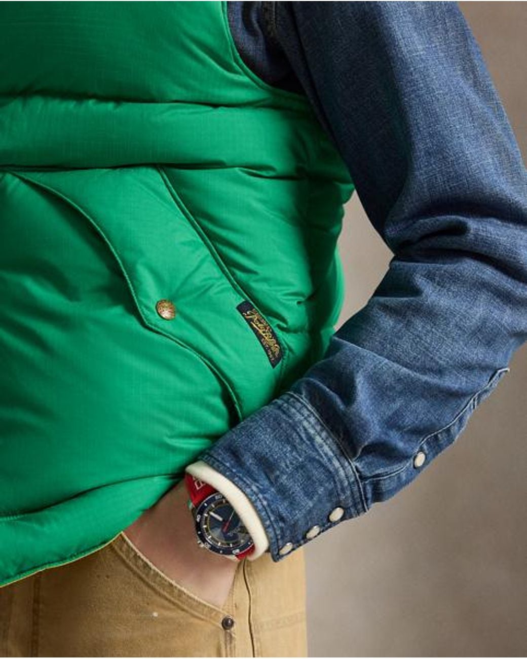 Polo Ralph Lauren Green Leather-Yoke Down Waistcoat for men
